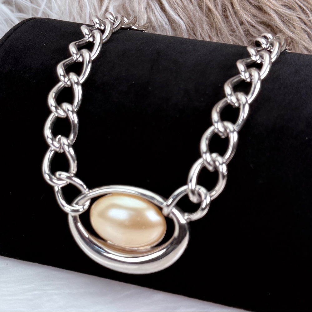 Signed Monet Silver Tone Faux Pearl Statement Link Necklace Vintage